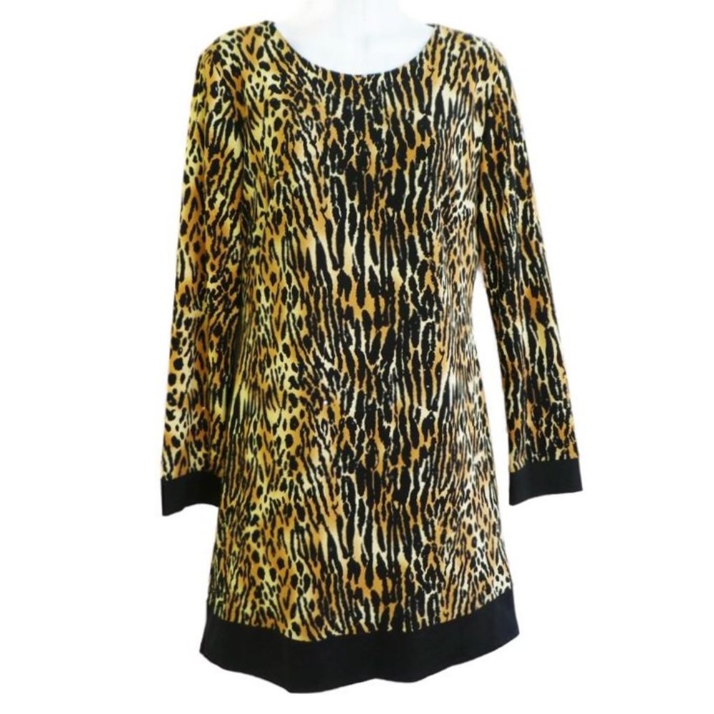 Cache Animal Tiger Print Shift Dress Black Trim Poly Spandex Lined USA 10